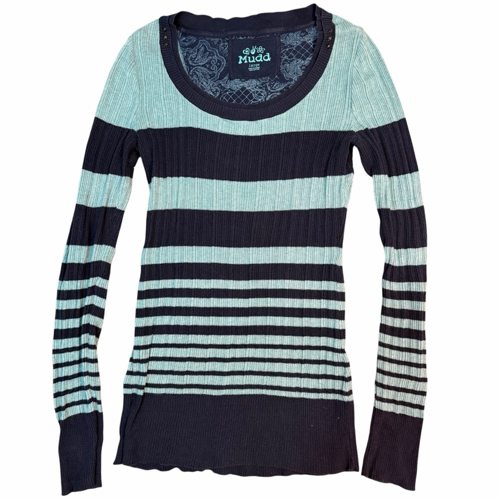 y2k Mudd Blue and Black Striped Sweater Large